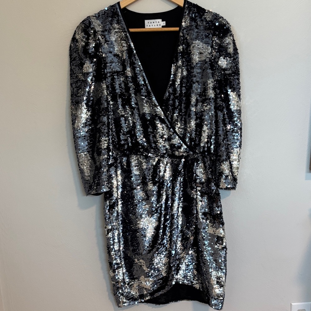 Tanya Taylor Black and Silver Sequin Long Sleeve Dress